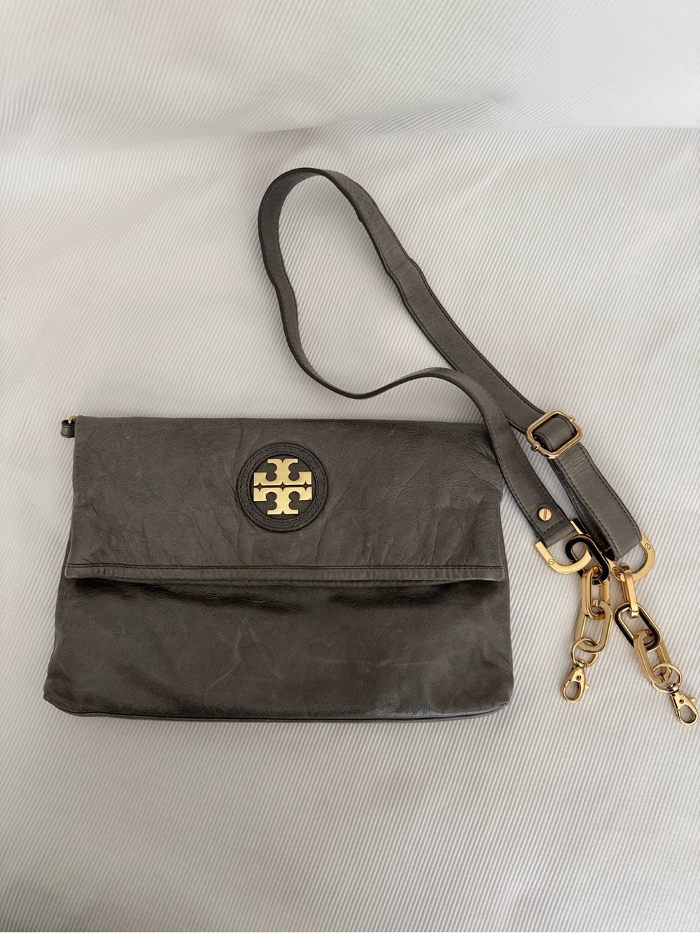 Tory Burch Grey Leather Fold-Over Crossbody with Gold Logo Hardware